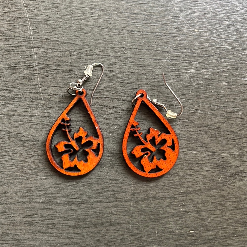 Wooden flower earrings purchased in Maui